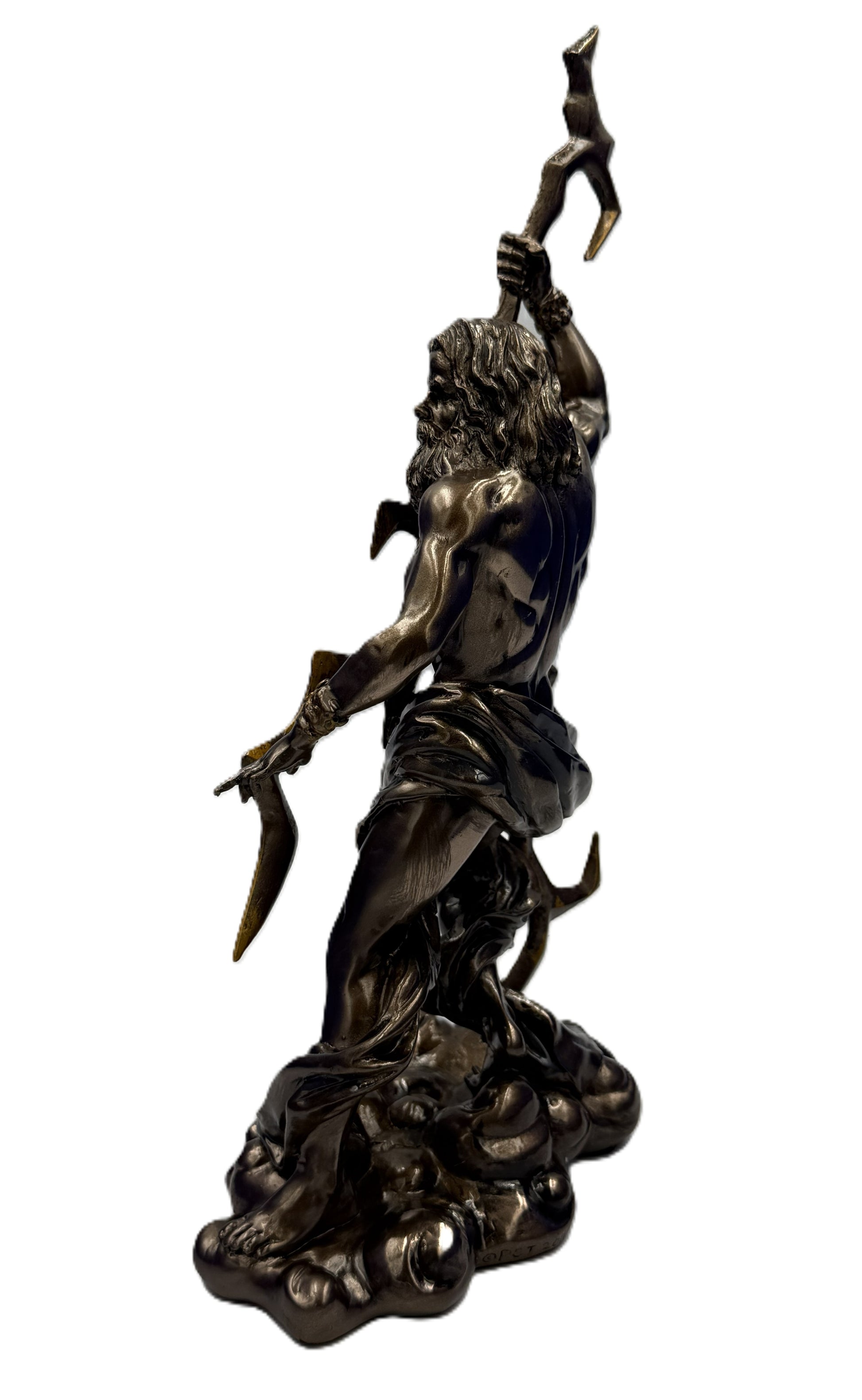 Side view of Zeus mythology statue showing dynamic pose with lightning bolt and flowing cloth in antique bronze finish
