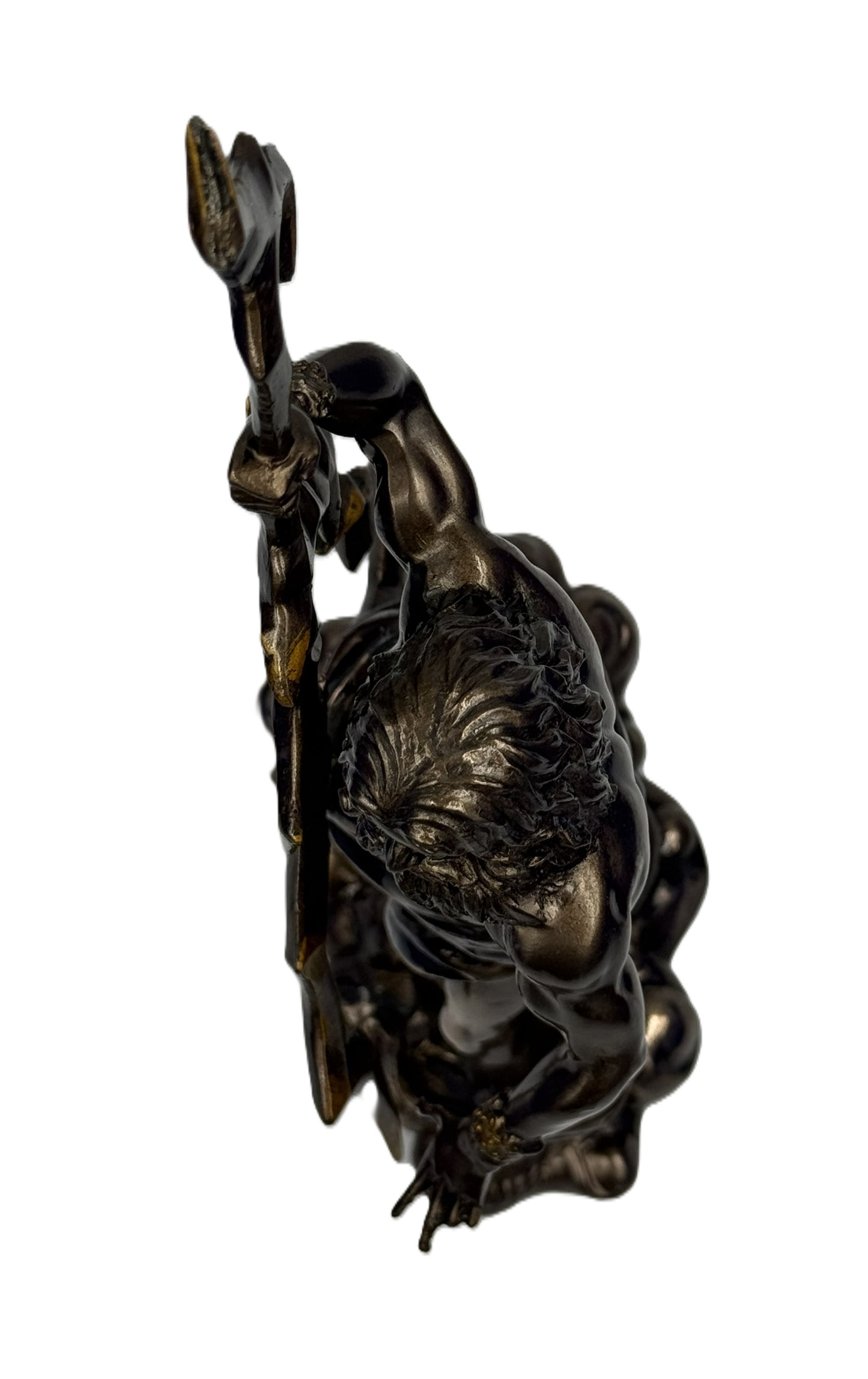 Top view of Zeus statue emphasizing lightning bolt, hair detail, and sculpted form in cold cast bronze finish

